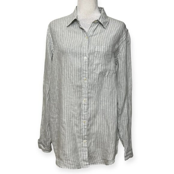 GAP Boyfriend Fit M Tall Button Down Shirt Green White Stripe Linen Long Sleeve - Picture 1 of 8
